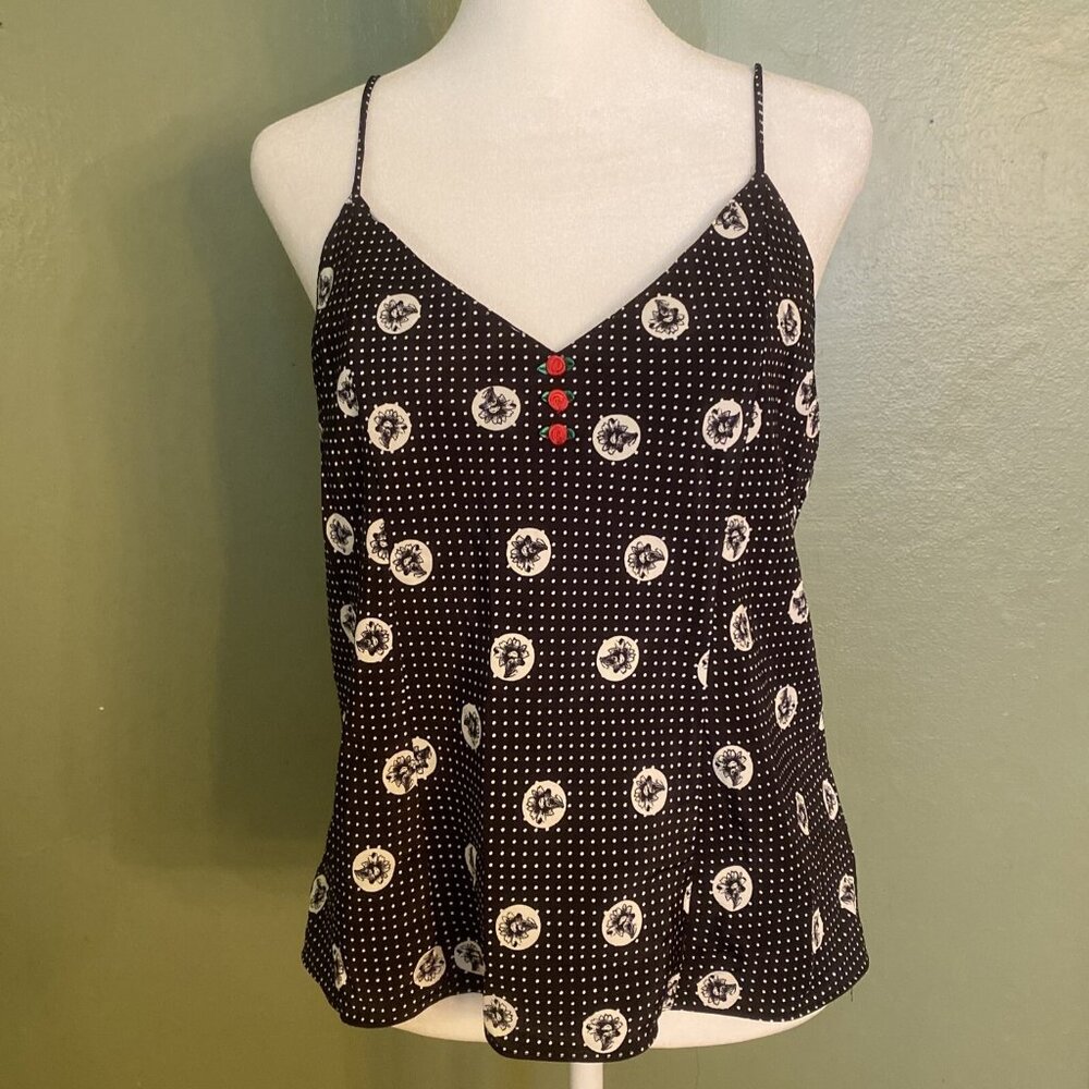 Y2K Circa 2000 Tank Top Women's Large USA Made Black White Polka Dots Floral
